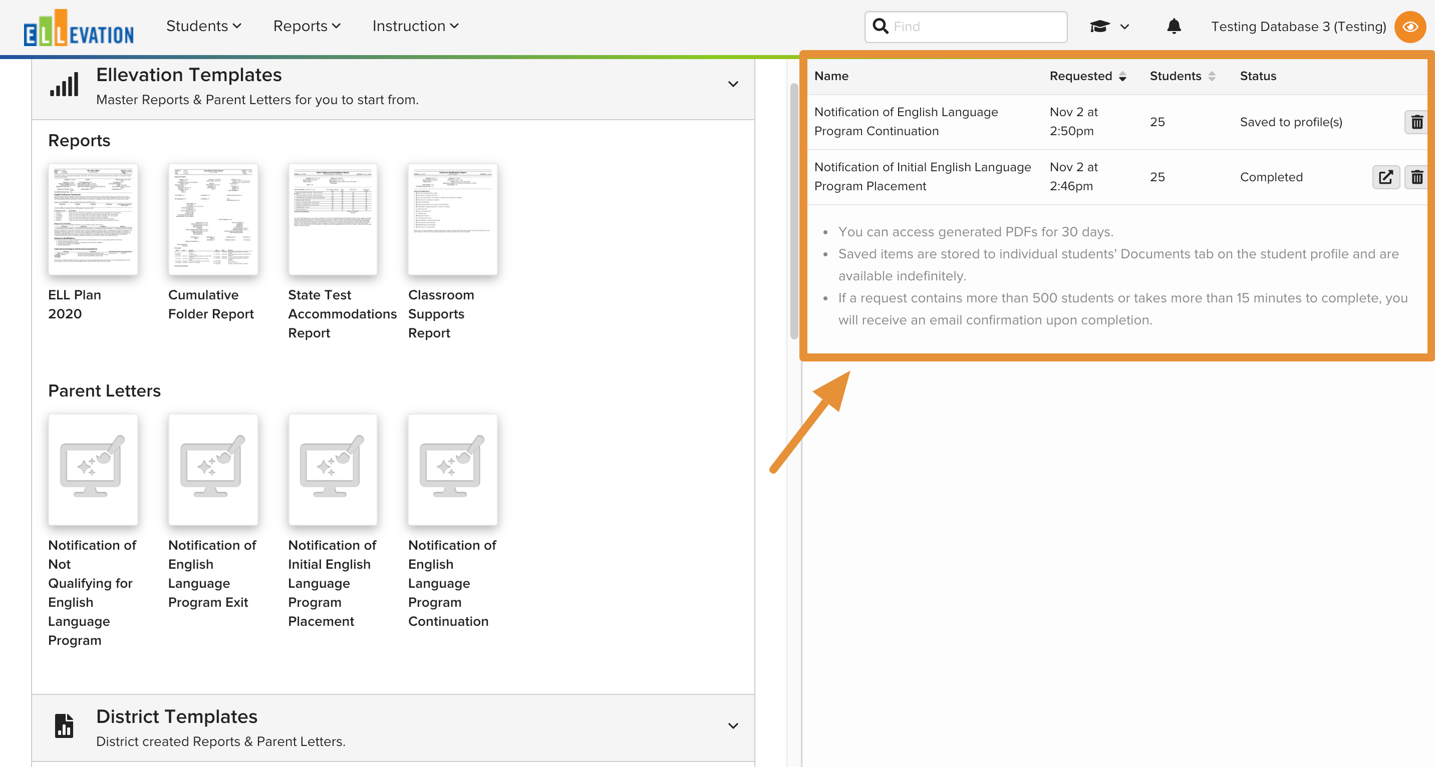 The request status queue showing generated Parent Letters with Open, Download, and Print options