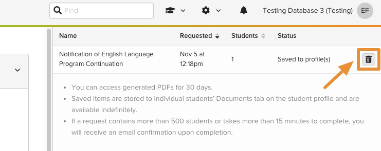 The Delete generated reports confirmation pop-up with Cancel and Delete options