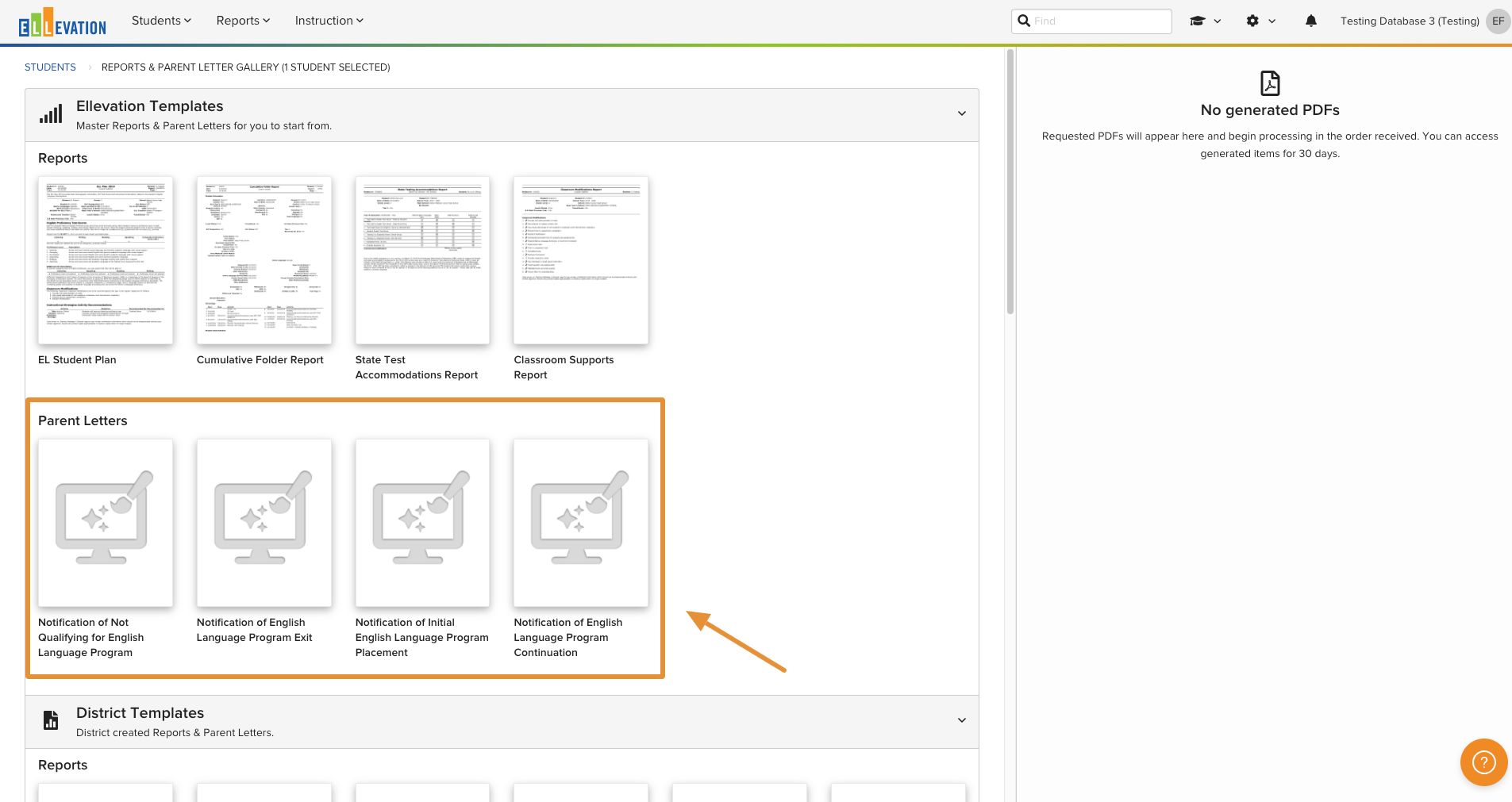 Templates Gallery showing the Parent Letters template sections