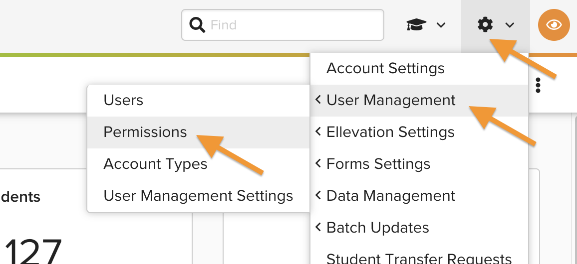 The Admin menu open, with User Management and Permissions highlighted