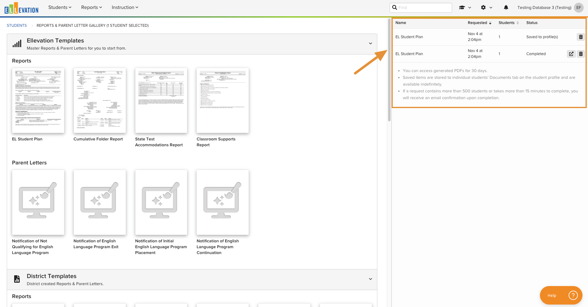 The request status queue with the Open, Download, and Print icons available for a generated Report.