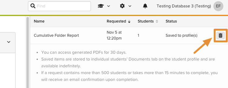The Delete generated reports confirmation pop-up with Cancel and Delete buttons.
