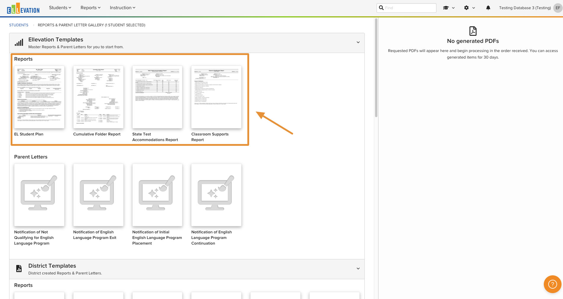 The Report Templates Gallery page showing the Ellevation, District, and Custom Templates sections.