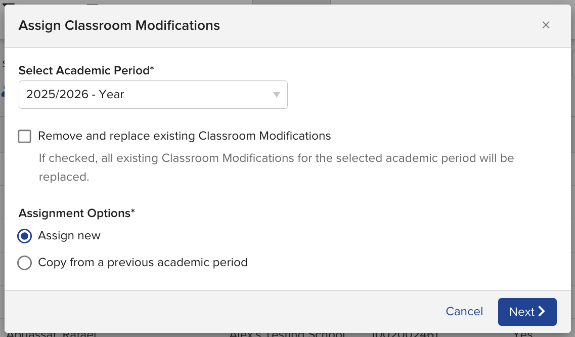 Assign New dialog showing the academic period selector and Remove and replace checkbox