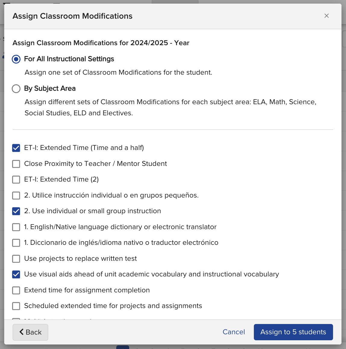 Modification selection dialog showing a list of Classroom Modifications with checkboxes
