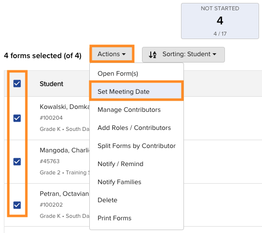 Screenshot of the Set Meeting Date calendar picker, showing a date being selected for a student's form