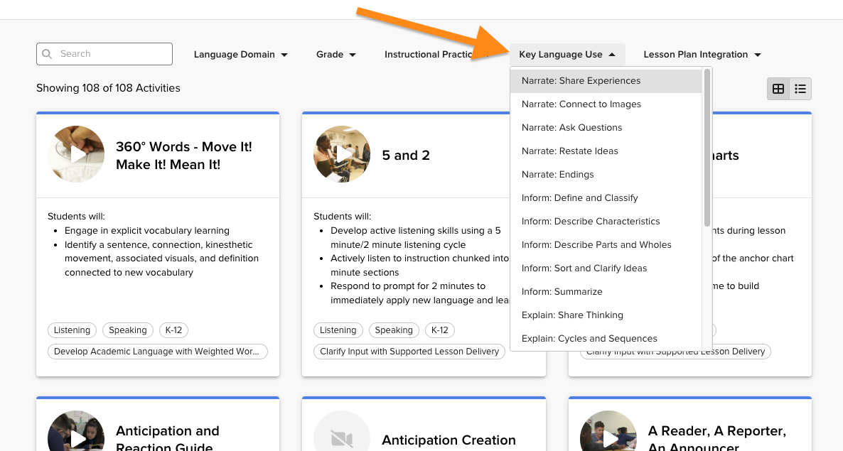 Language use filters in the Strategies activities catalog