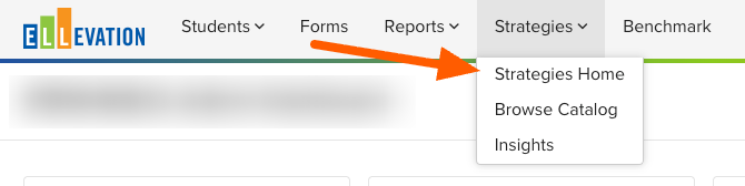 The Strategies button in the Ellevation top navigation bar, showing the dropdown menu to access the Strategies Dashboard.