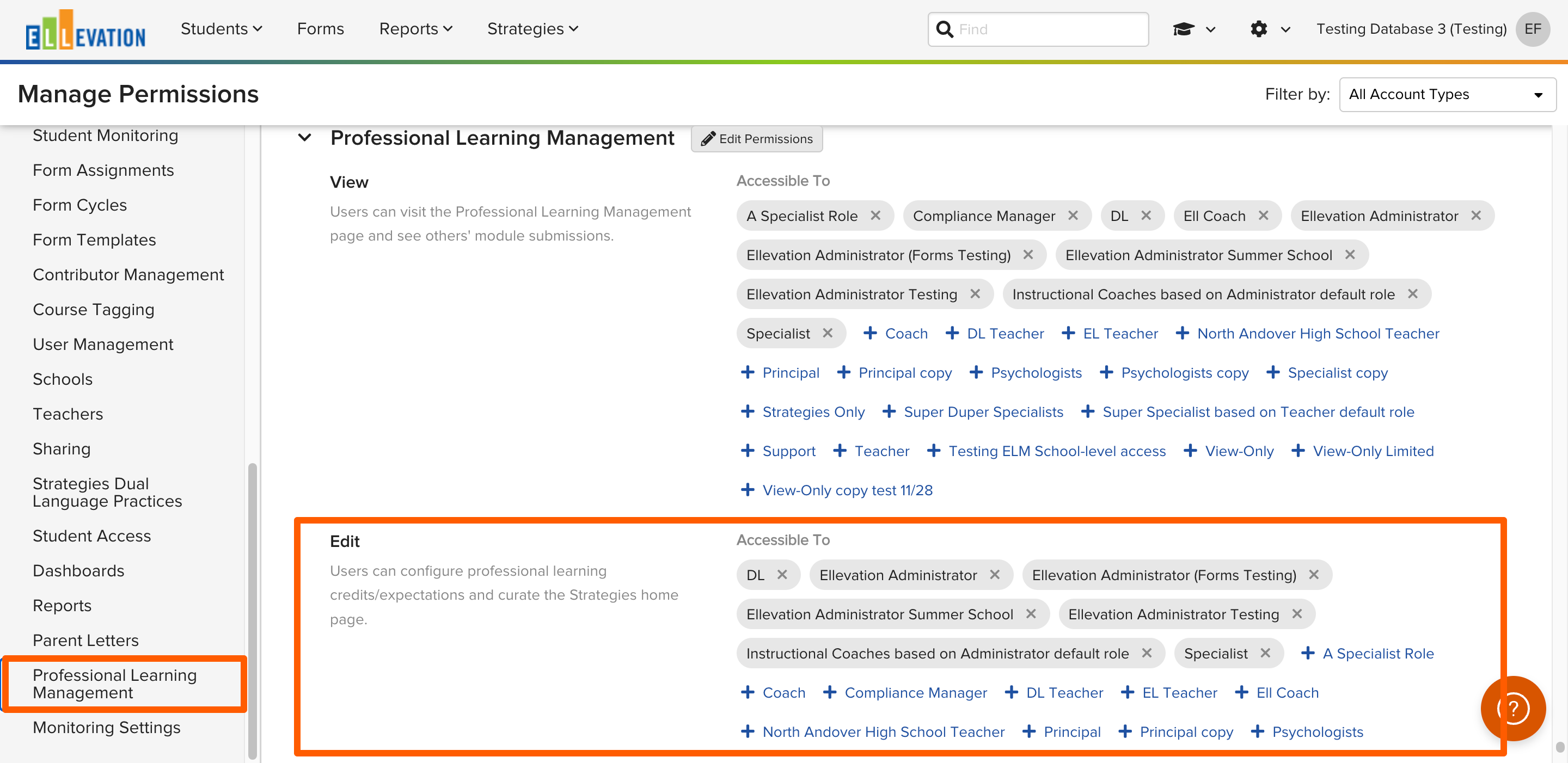 The Professional Learning Management permissions with Edit access selected