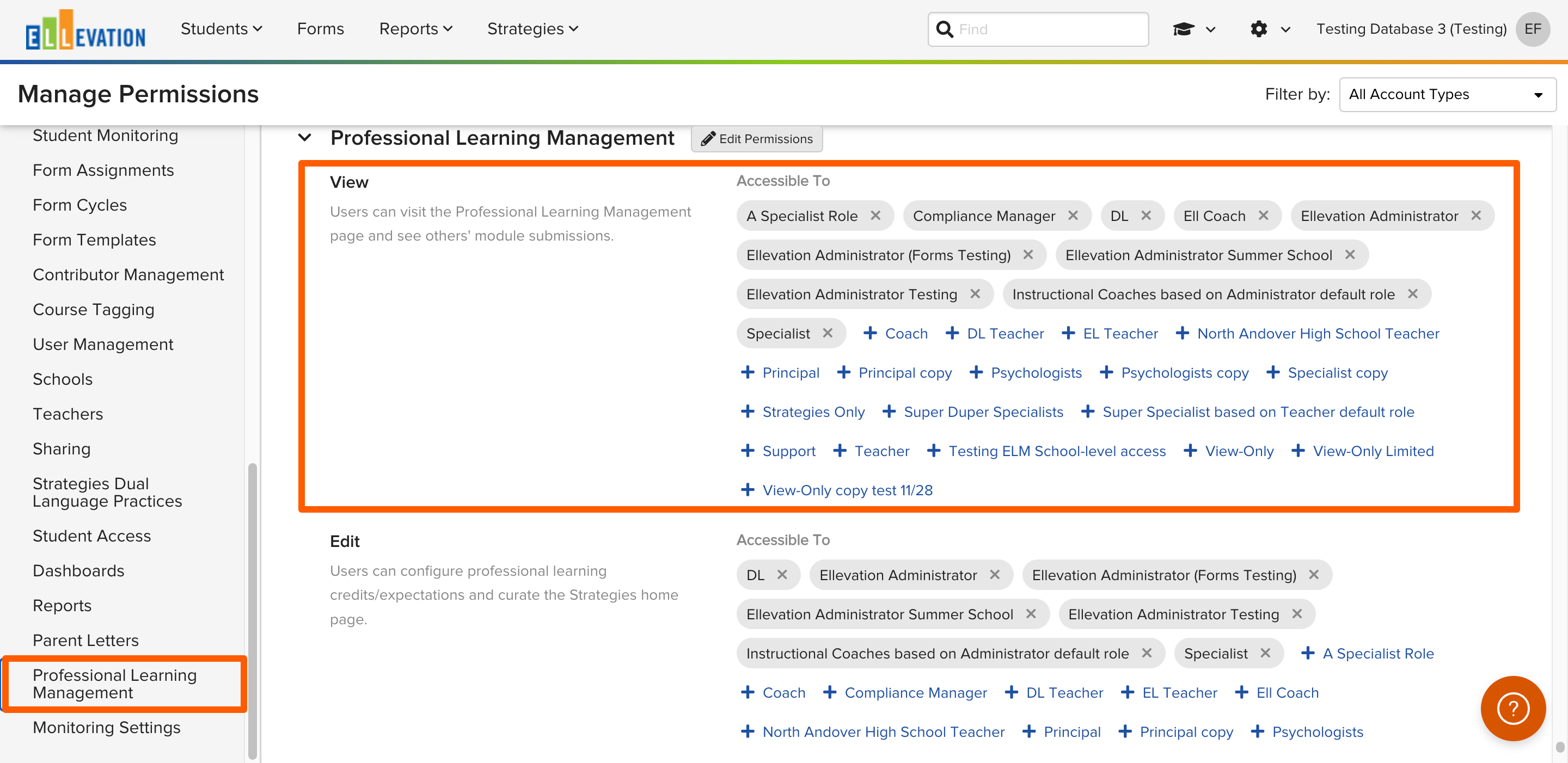 The Professional Learning Management permissions with View access selected