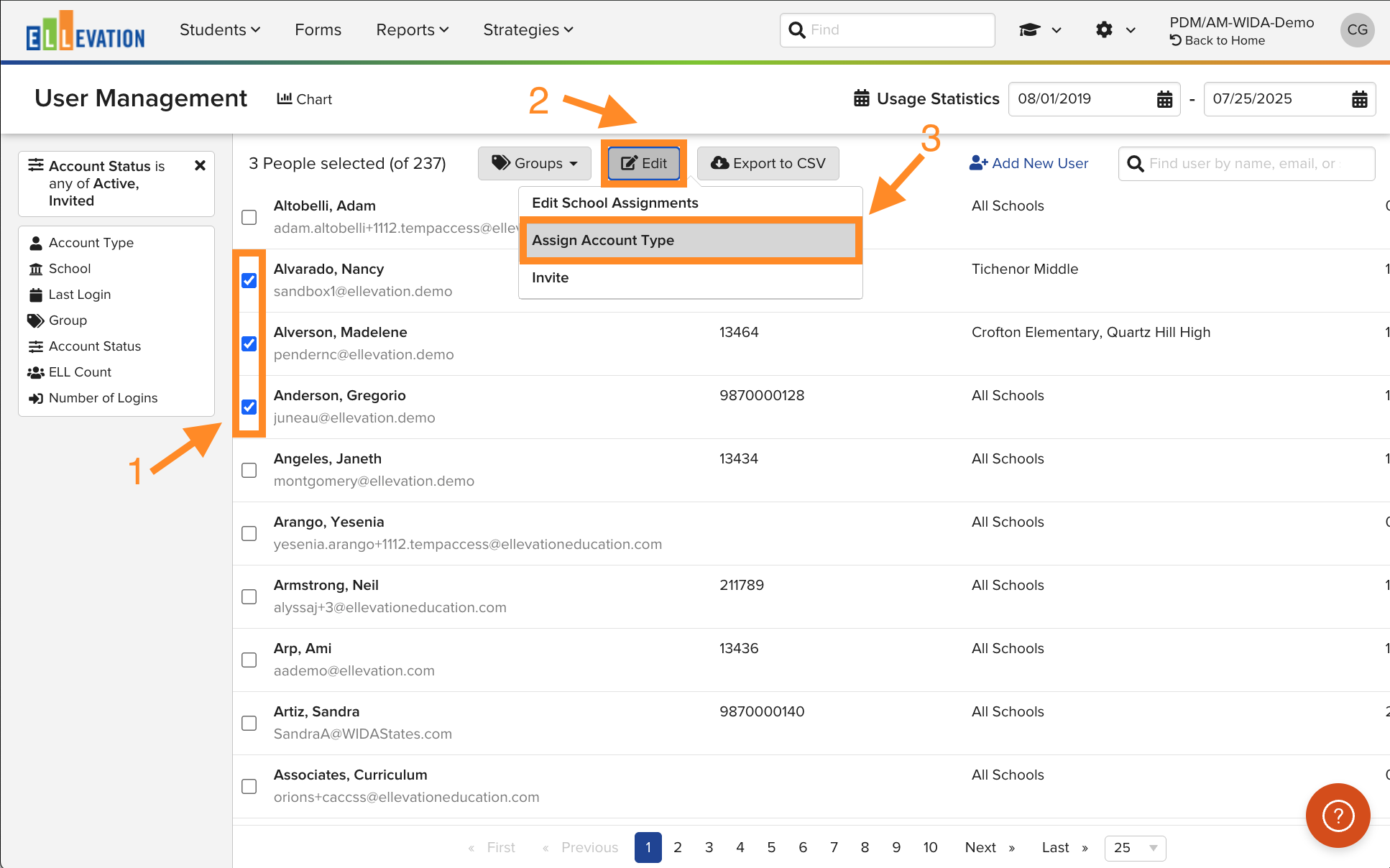 Screenshot of the User Management page showing multiple users selected with the Edit button menu expanded, highlighting Edit School Assignments and Assign Account Type options