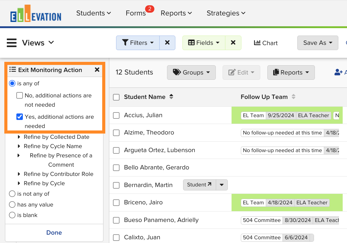 Student List filter panel showing Form Fields selected with an Exit Monitoring Action option highlighted.