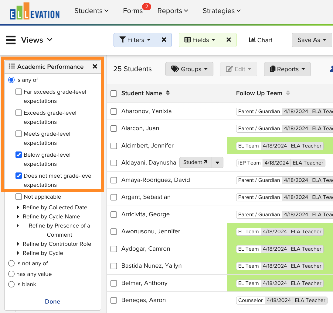 Student List filter panel showing Academic Performance as a selected Form Field filter.