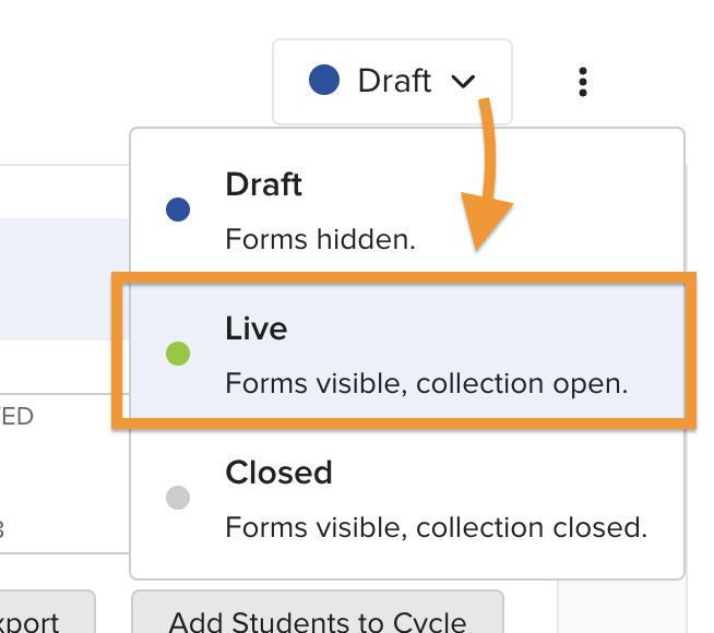 Draft, Live, Closed dropdown