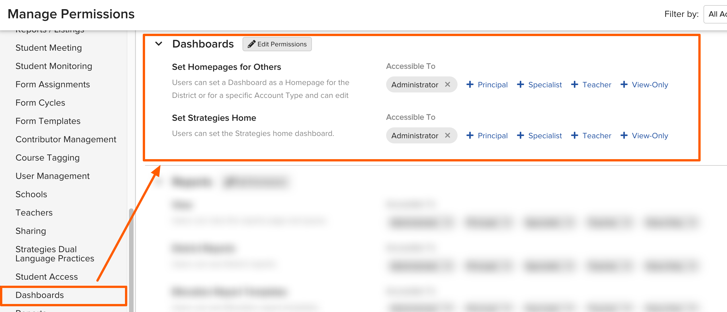 The Dashboards permissions, including Set Homepages for Others and Set Strategies Home