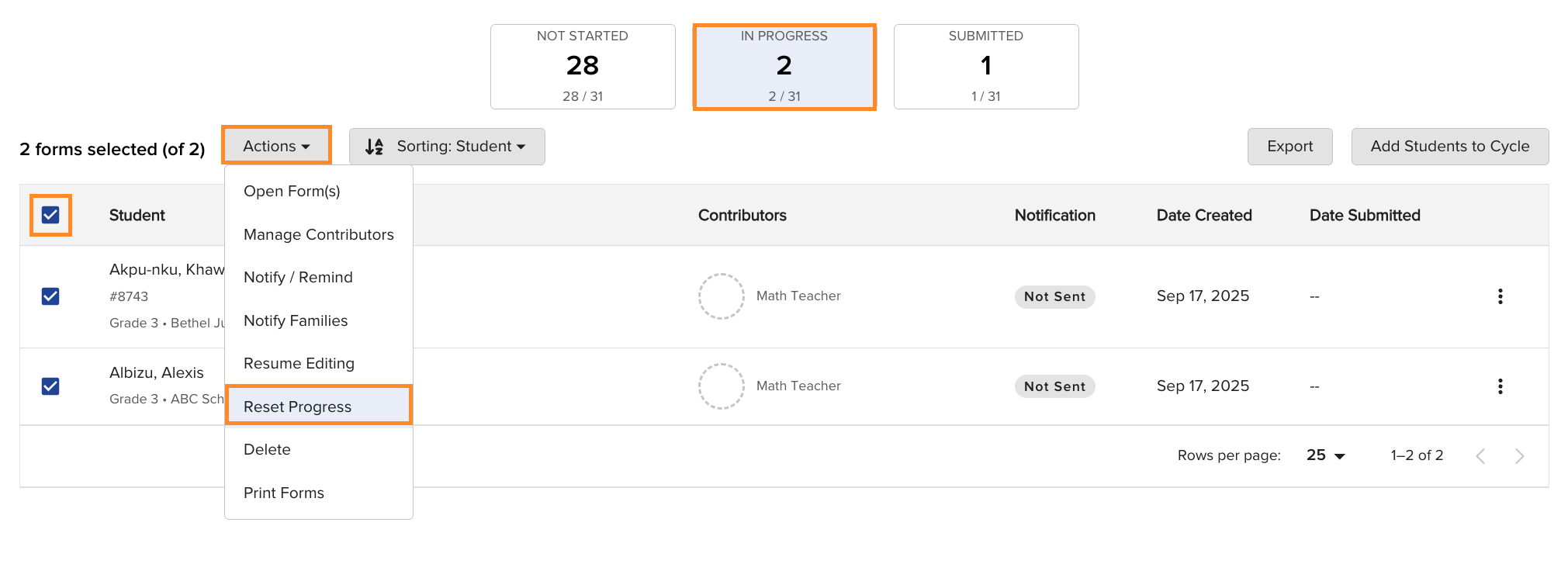 Bulk actions panel showing the Reset Progress option selected for forms in the In Progress bucket within a live Cycle.