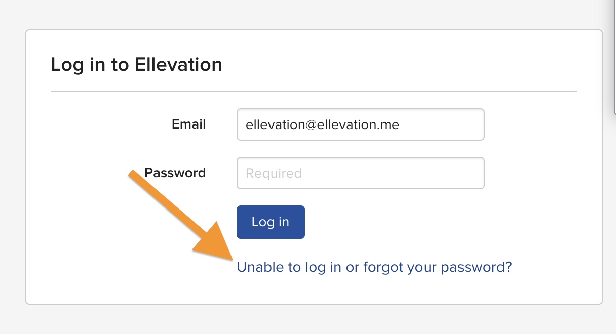 The Ellevation login page with the Unable to log in or forgot your password link highlighted.