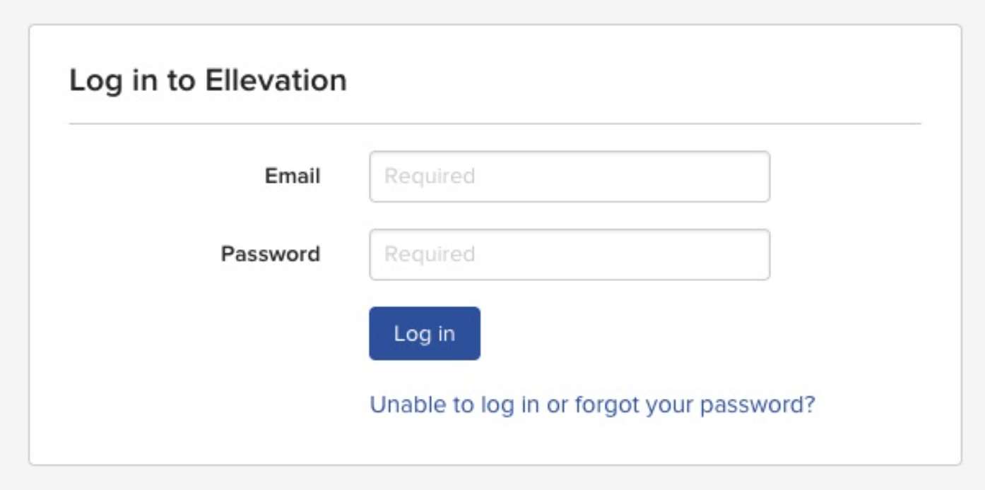 Ellevation login screen shown after an SSO attempt when credentials are missing from Ellevation.