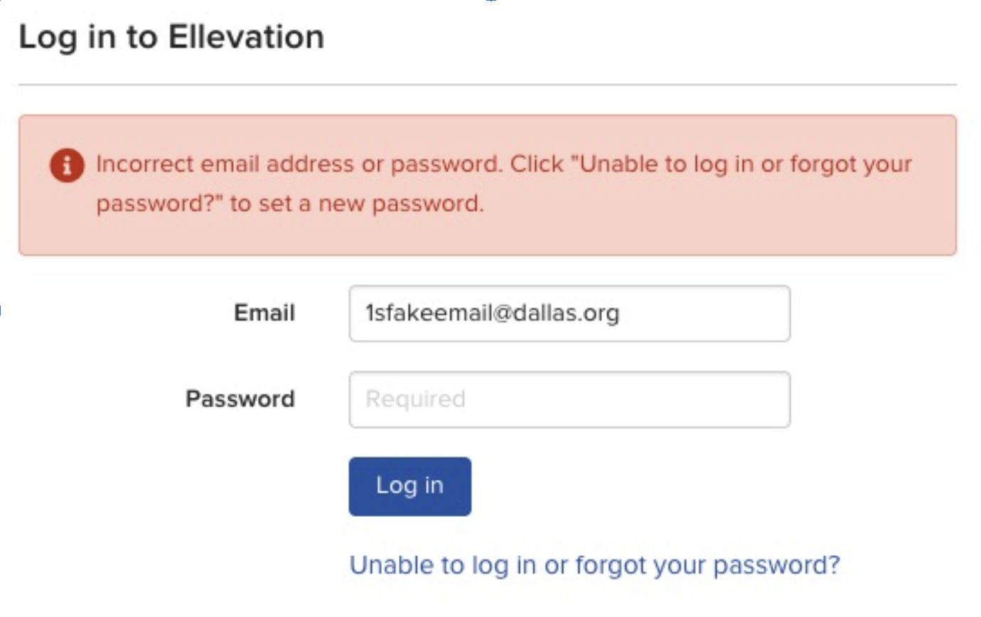 Error message stating the email address or password is incorrect, with a prompt to reset the password.