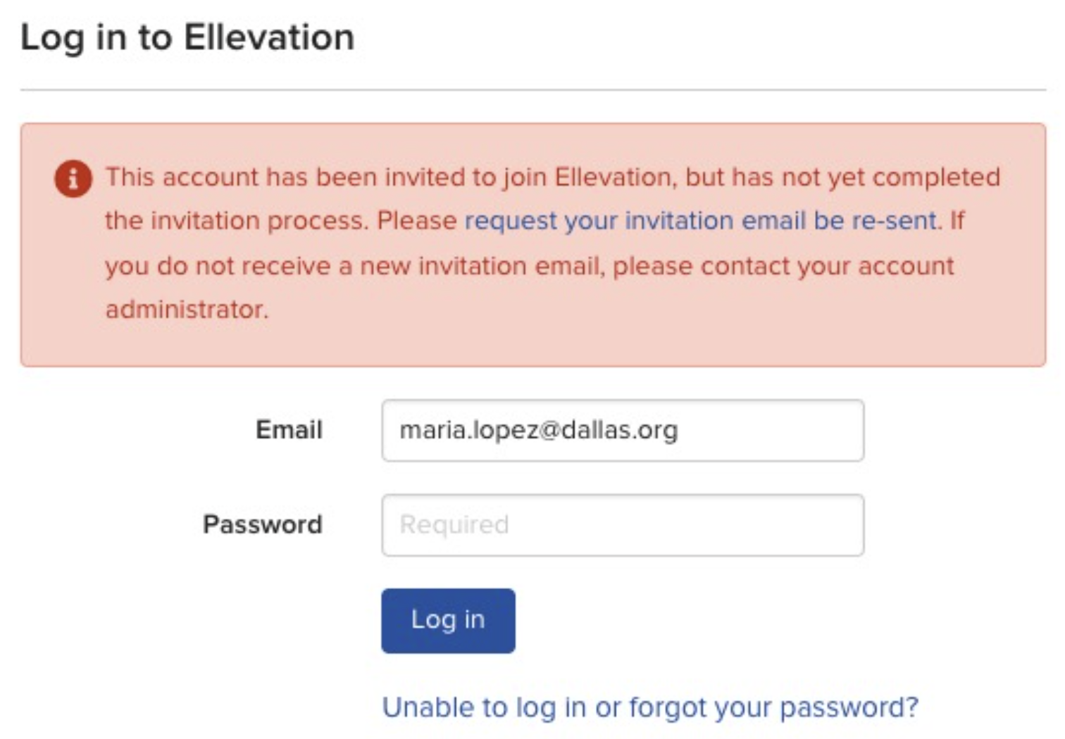 Error message stating the account was invited but has not completed the invitation process.