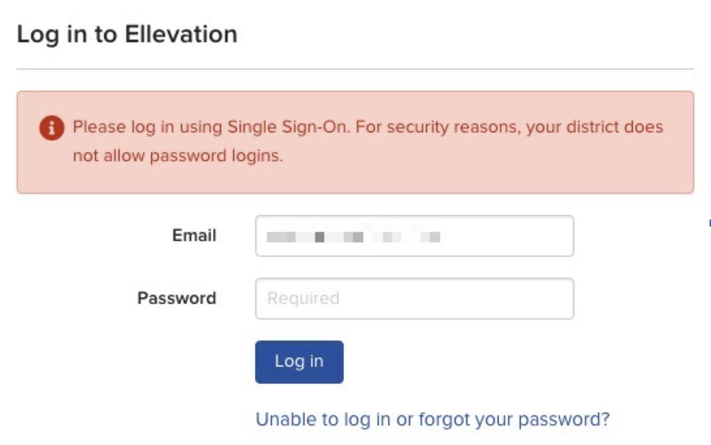 Error message stating the district requires Single Sign-On and does not allow password logins.