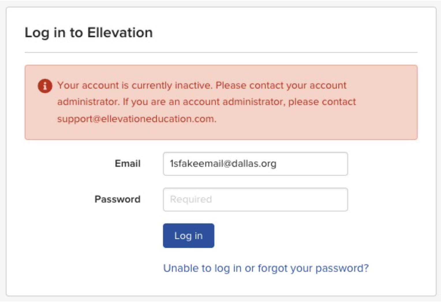 Error message stating the account is currently inactive and to contact the account administrator.