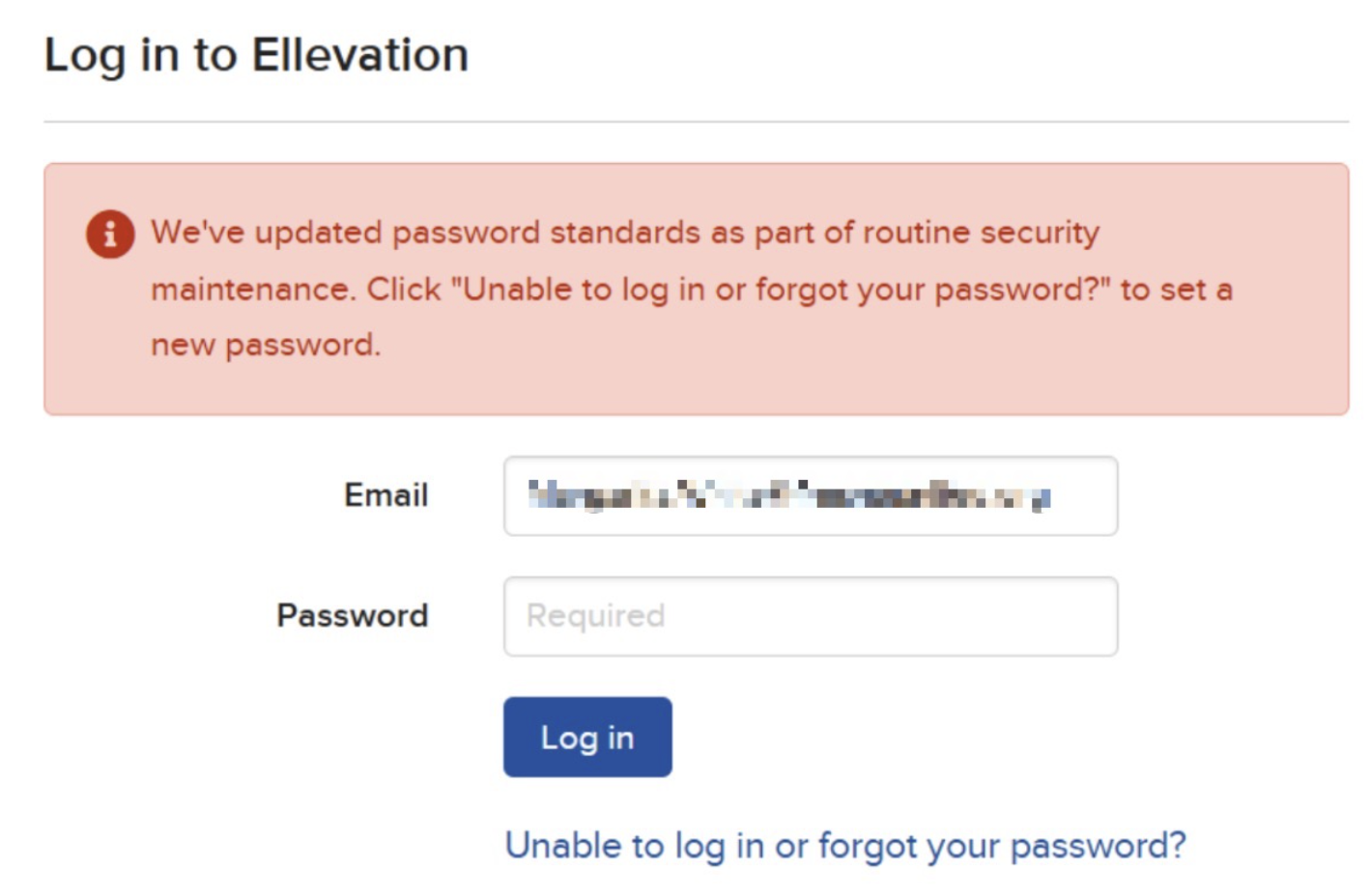 Error message stating password standards were updated and a new password is required.