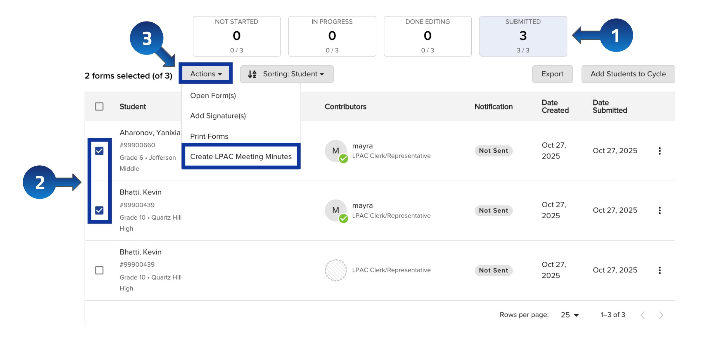 The Submitted bucket with student checkboxes selected and the Actions menu open showing Create LPAC Meeting Minutes