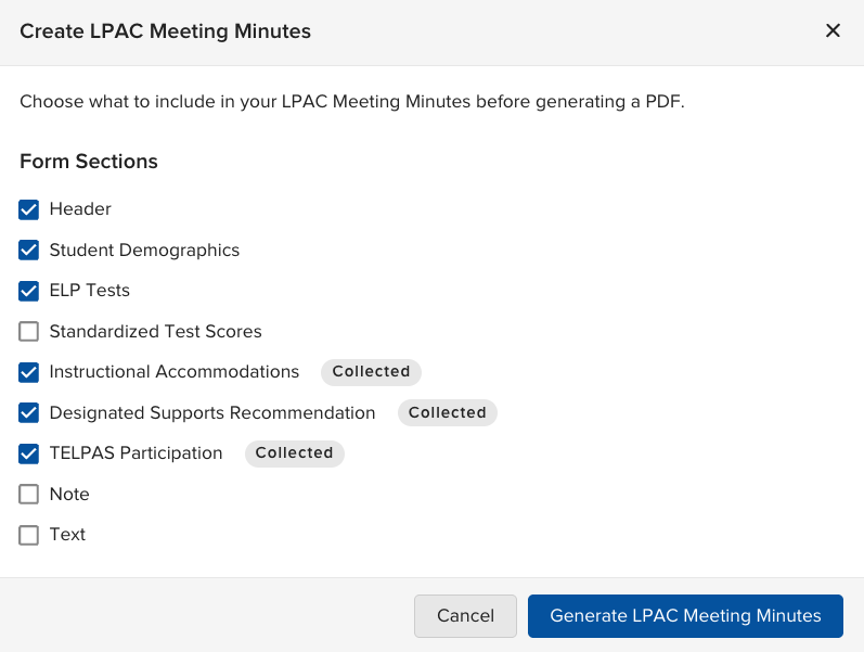 The form section selection screen for generating LPAC Meeting Minutes, with Collected fields indicated