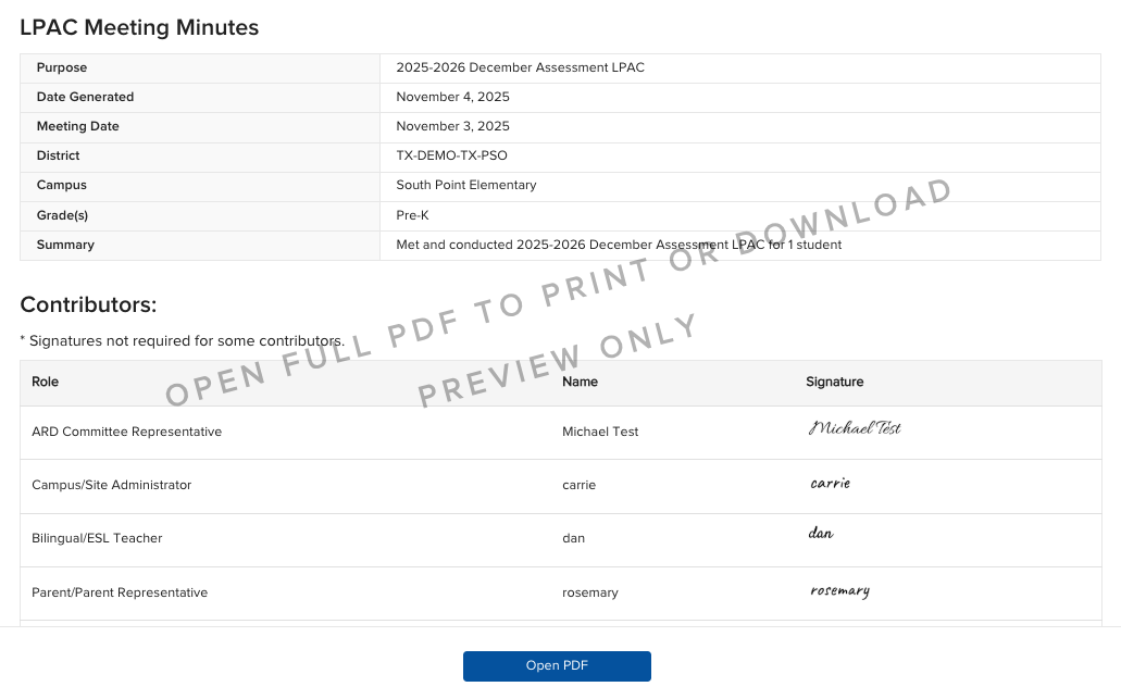 The generated LPAC Meeting Minutes preview with the Open PDF button