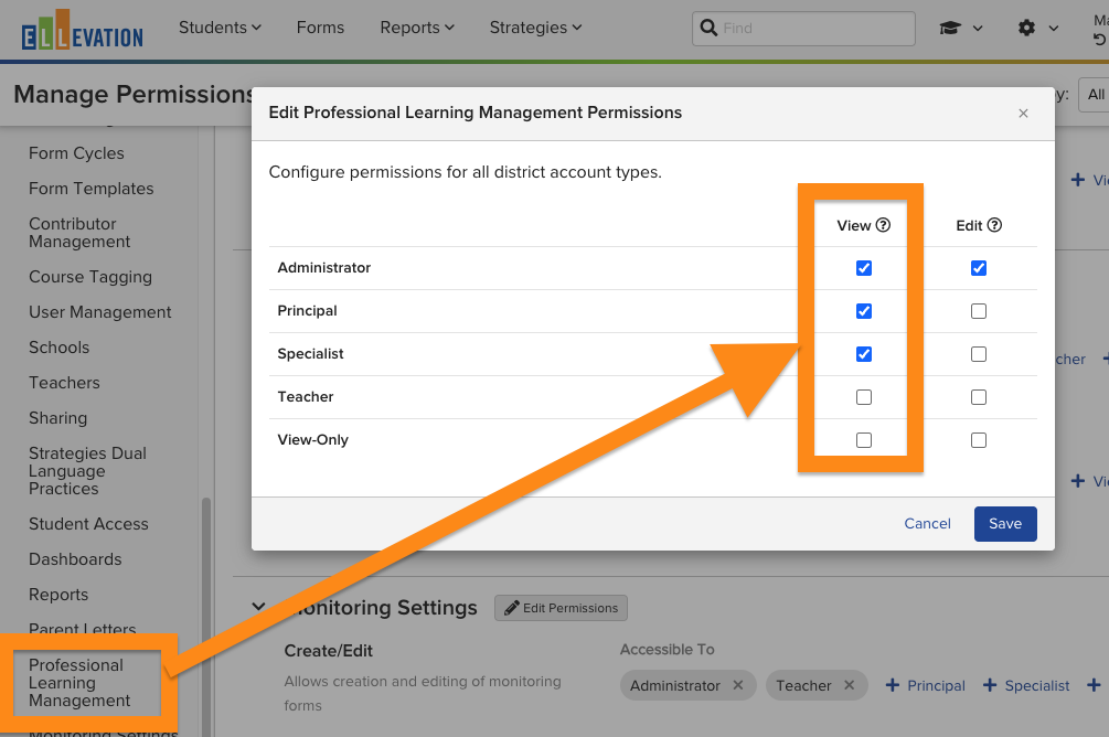 The Edit Professional Learning Management Permissions window for Activity Insights access