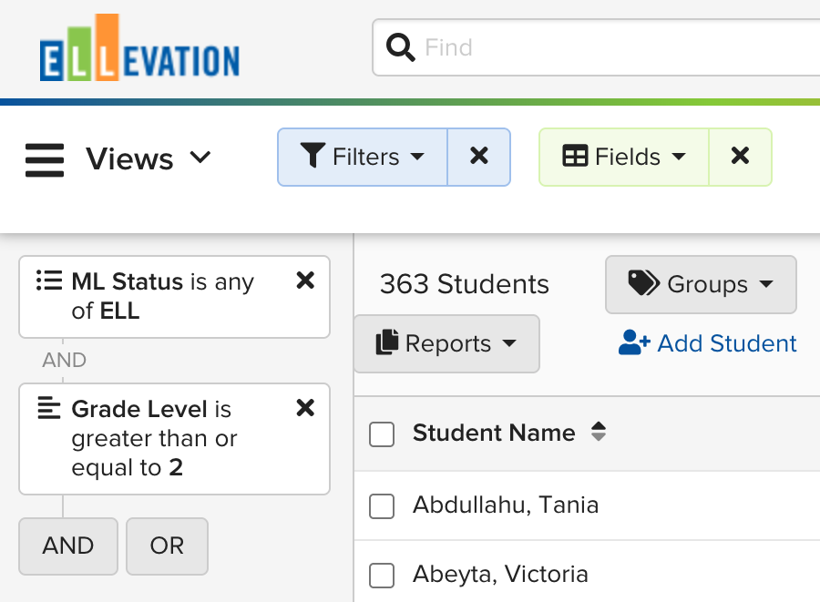 Benchmark Filters panel showing EL Status and Grade Level filters applied to the Student List