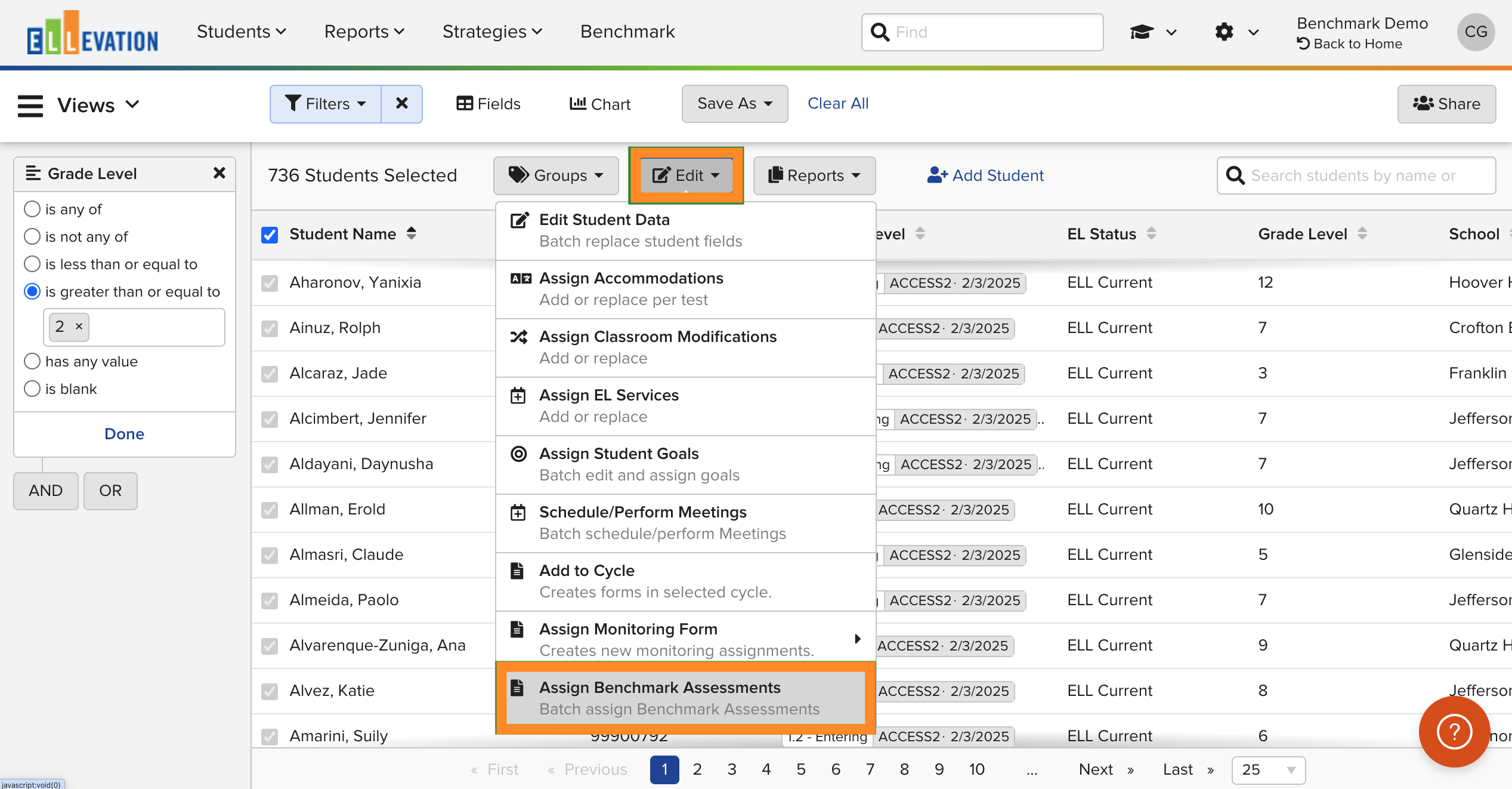 Student List with students selected and the Edit menu showing Assign Benchmark Assessment