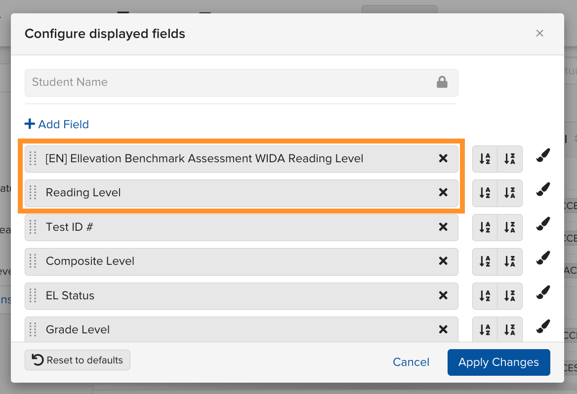 Fields selector showing the EN Ellevation Benchmark Assessment field with consortia options