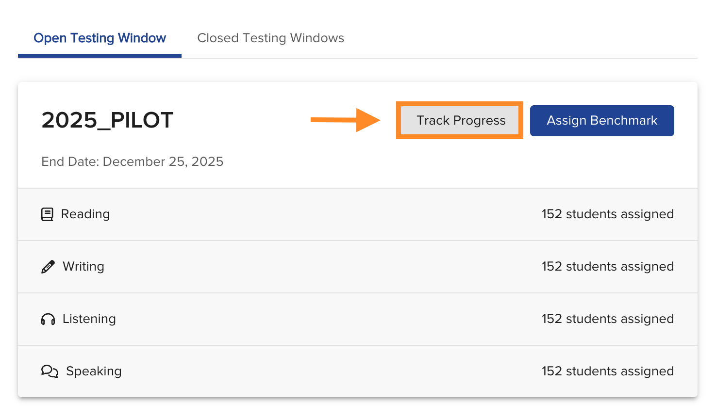 Track Progress button on the Ellevation Benchmark assessment page