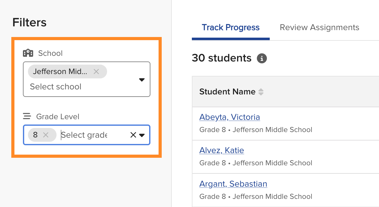 Filter options for School and Grade Level on the Benchmark progress page
