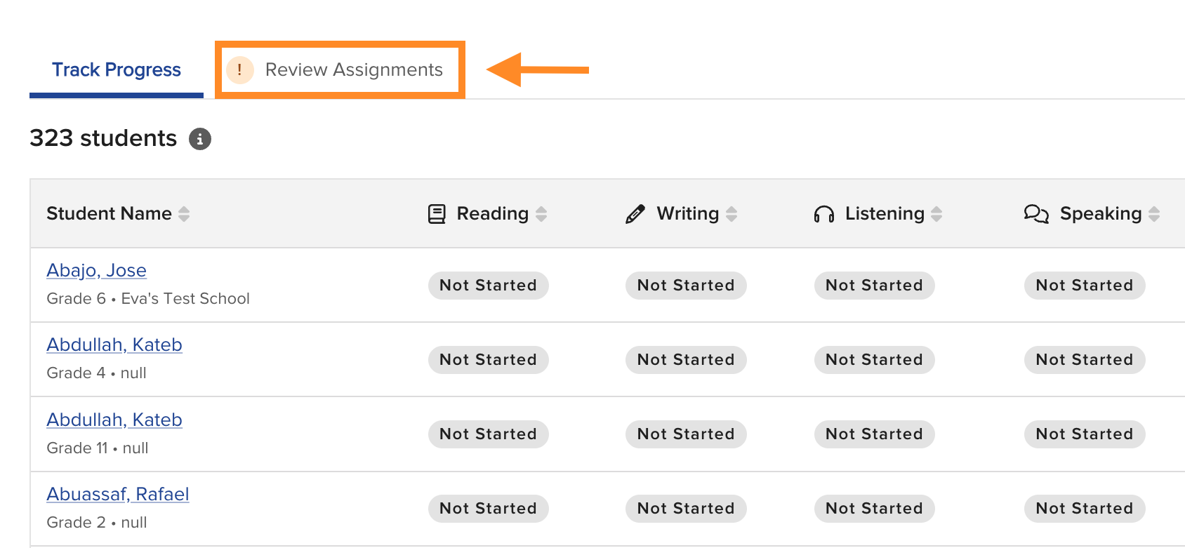Review Assignments tab on the Benchmark progress page
