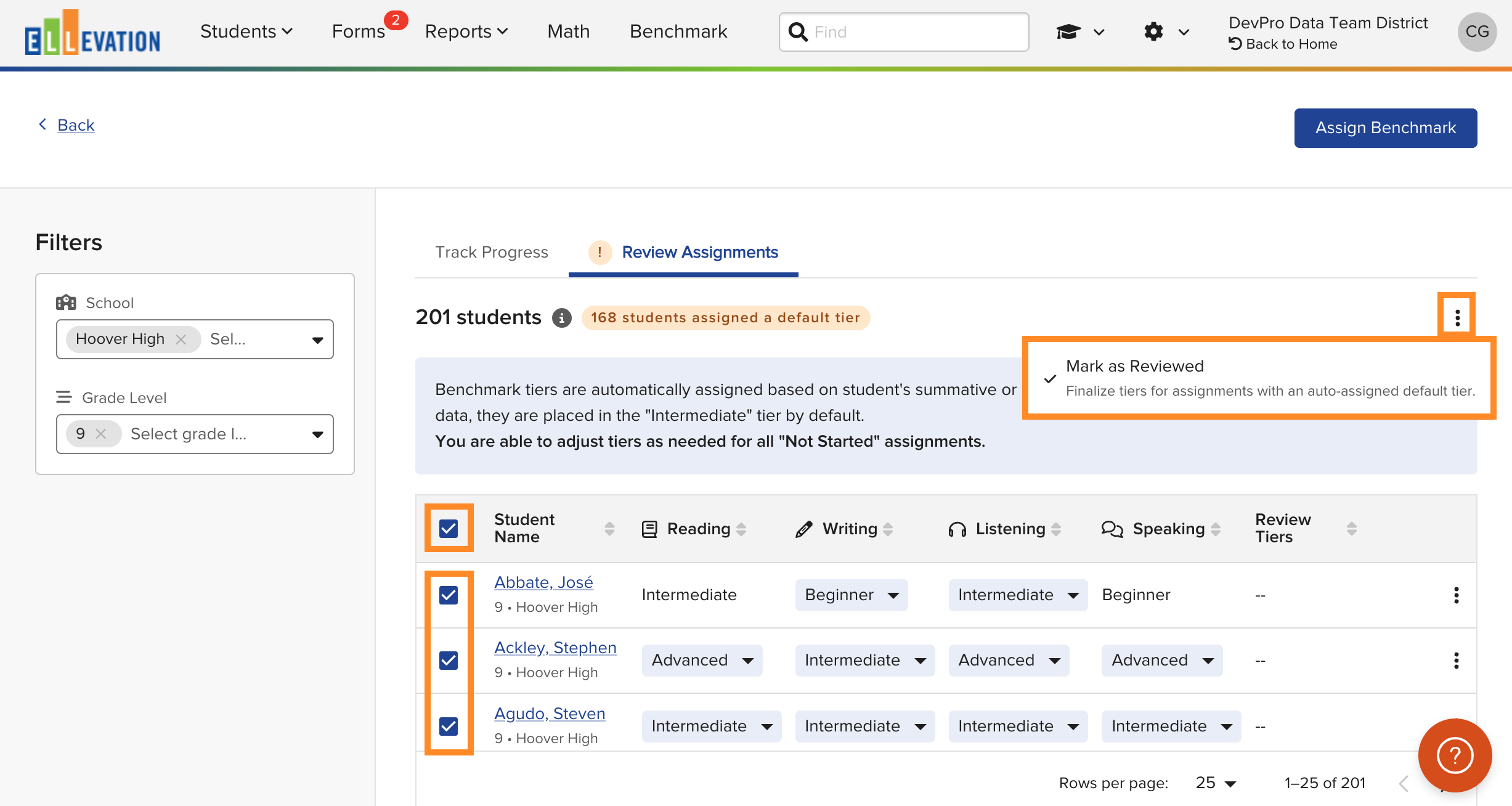 Bulk review selection with checkboxes and the Mark as Reviewed option