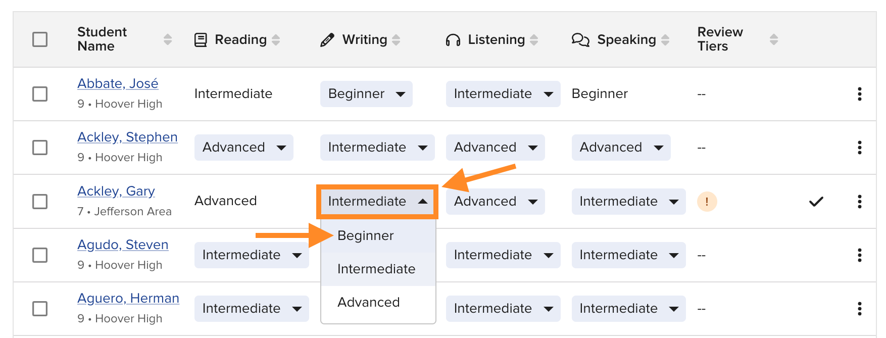 Adjusting a student's tier under a domain in Benchmark
