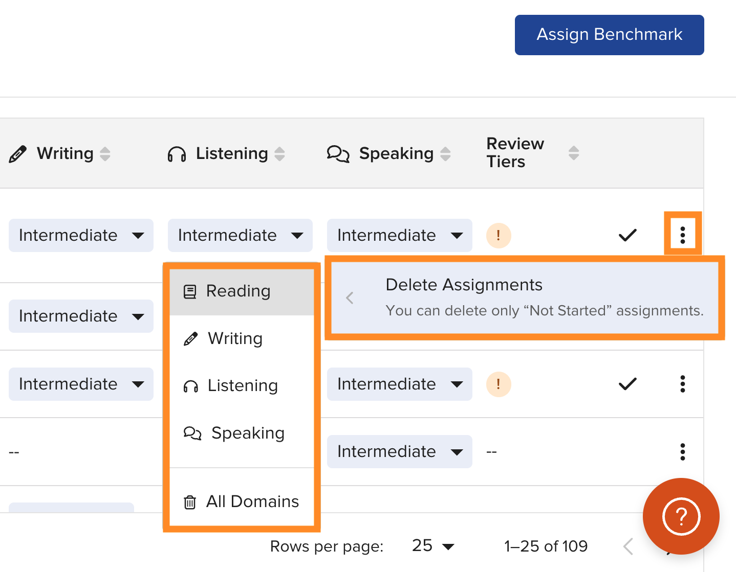 Reset and Delete Assignments options for a student in Benchmark