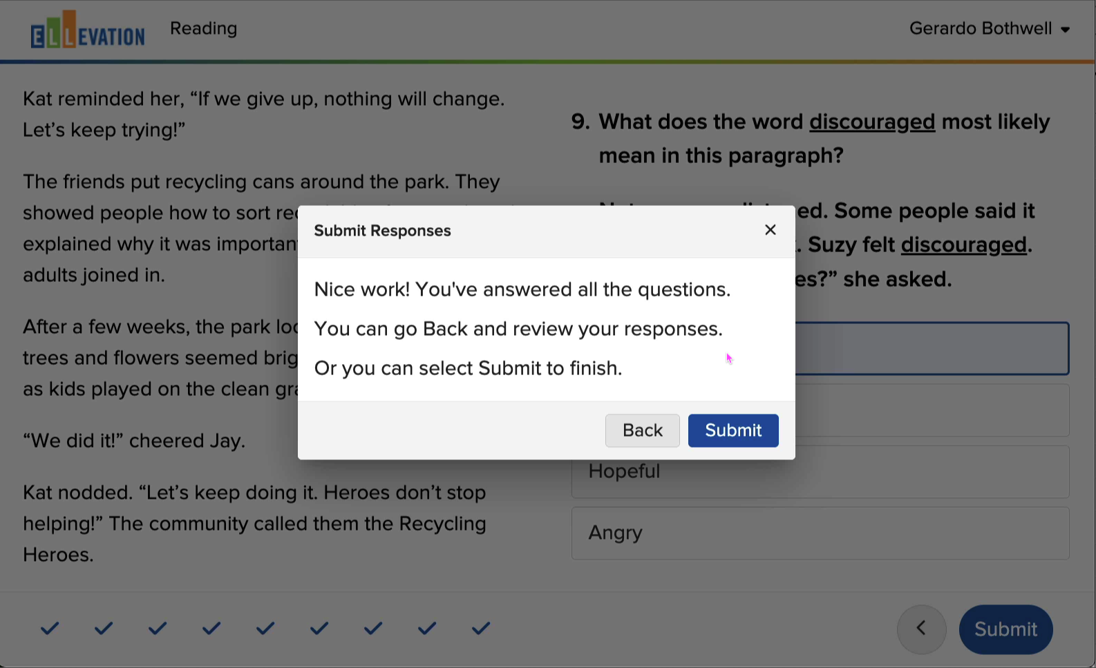 Benchmark submit dialog reminding the student of skipped questions before finalizing