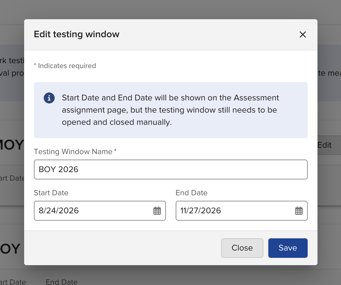 Completed testing window with name and dates entered