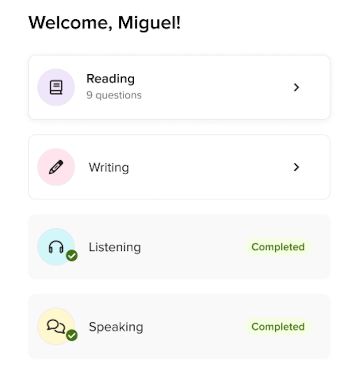 Personalized student landing page listing the student's name and assigned Benchmark domains