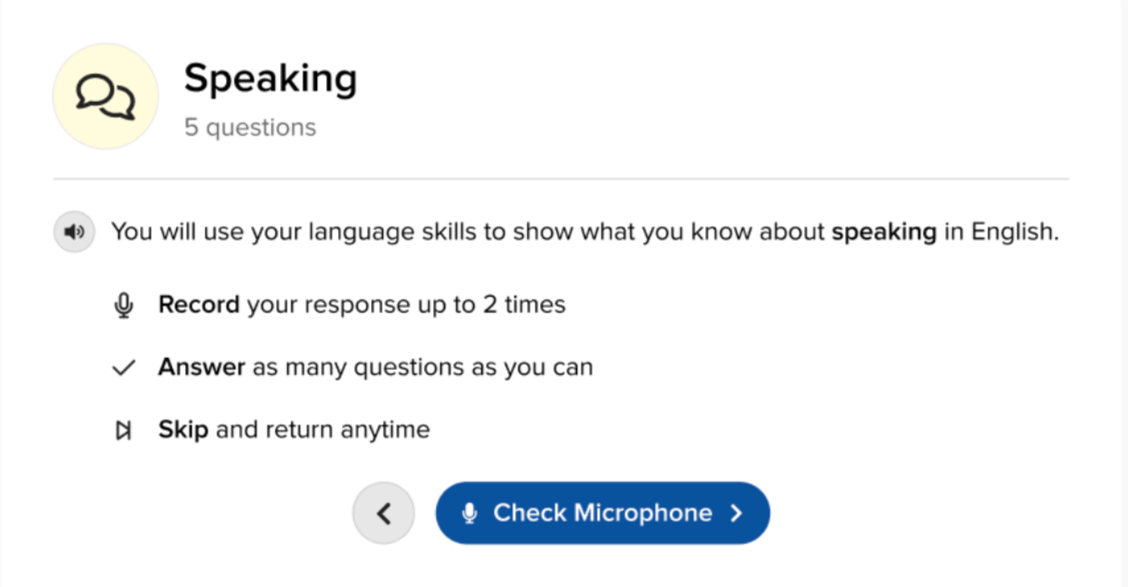 Speaking domain onboarding screen with directions and the microphone practice step