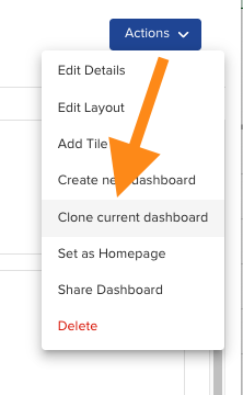 Cloning an existing dashboard from the Actions menu.
