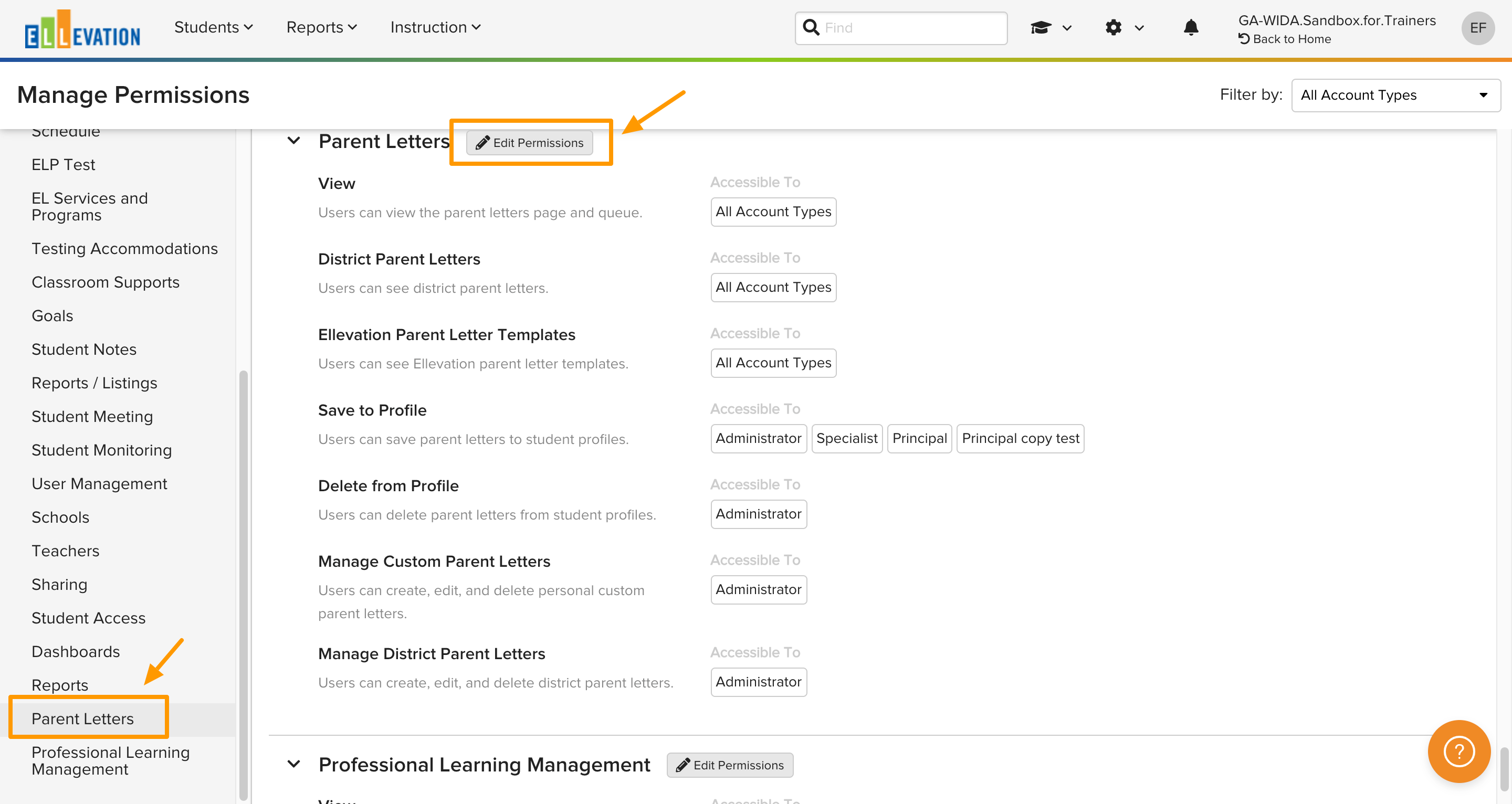 The Parent Letters permissions group with the Edit Permissions button highlighted