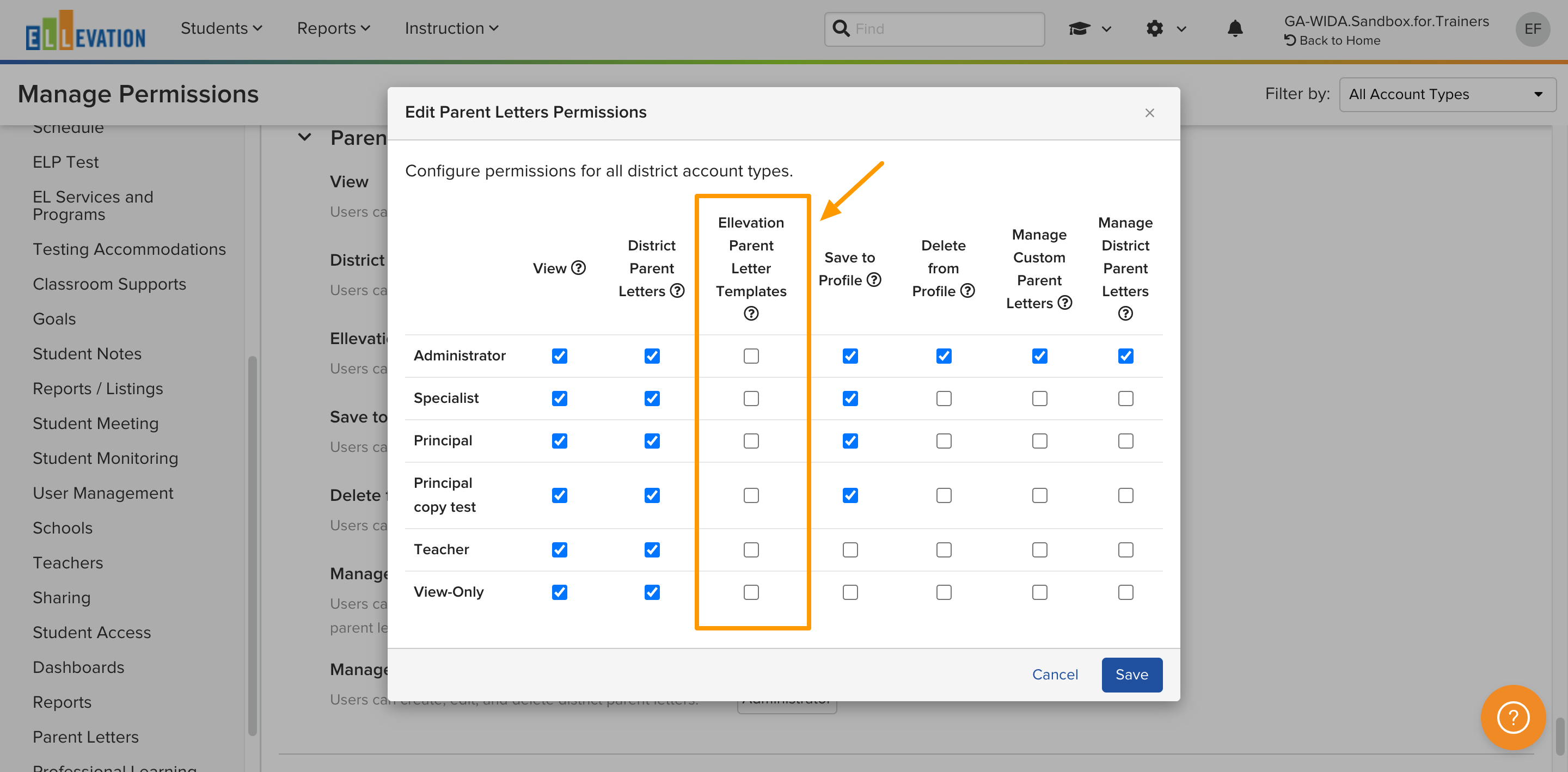 The Edit Parent Letters Permissions window with Ellevation Parent Letter Templates checkboxes unchecked for selected account types