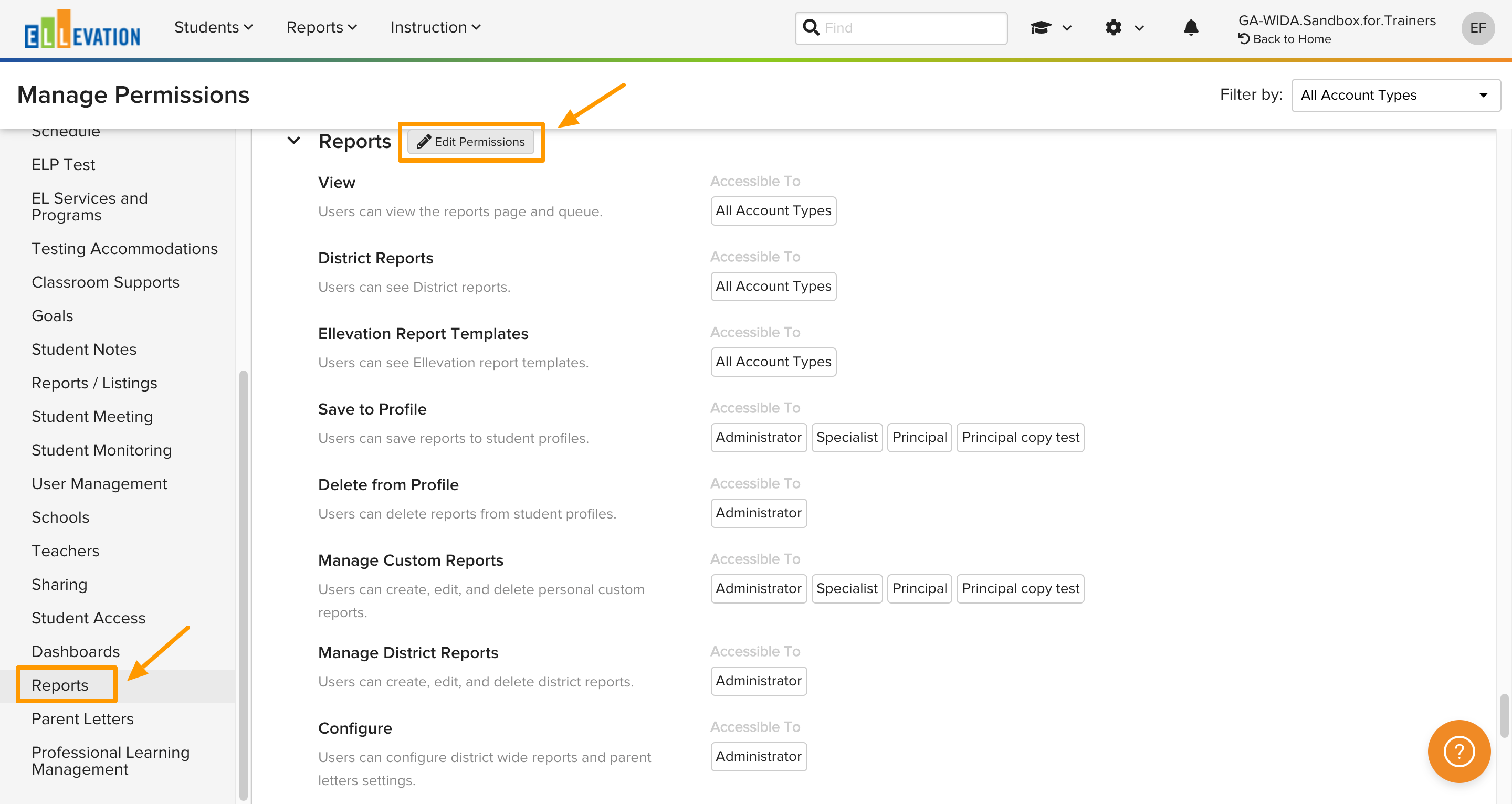 The Reports permissions group with the Edit Permissions button highlighted