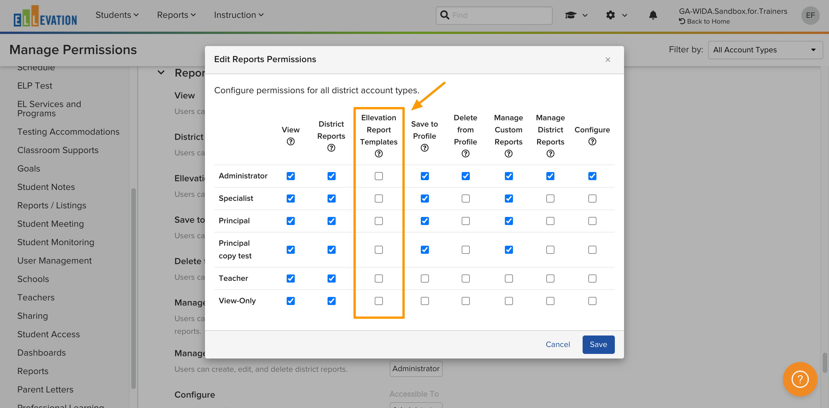 The Edit Reports Permissions window with Ellevation Report Templates checkboxes unchecked for selected account types