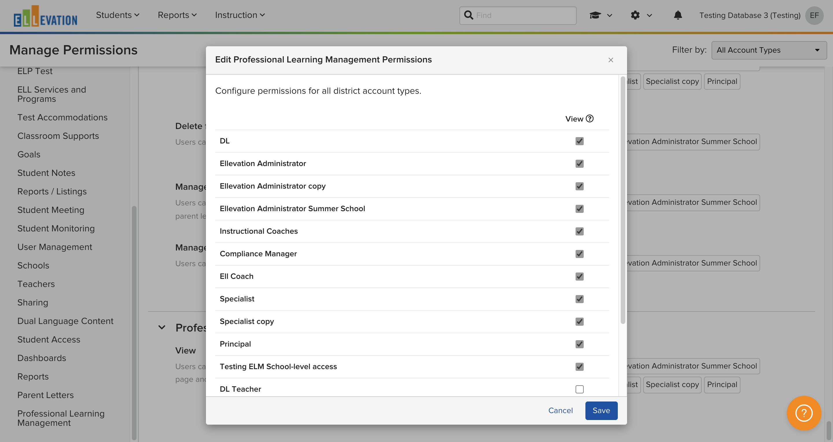 The Edit Professional Learning Management Permissions window with View checkboxes for each Account Type